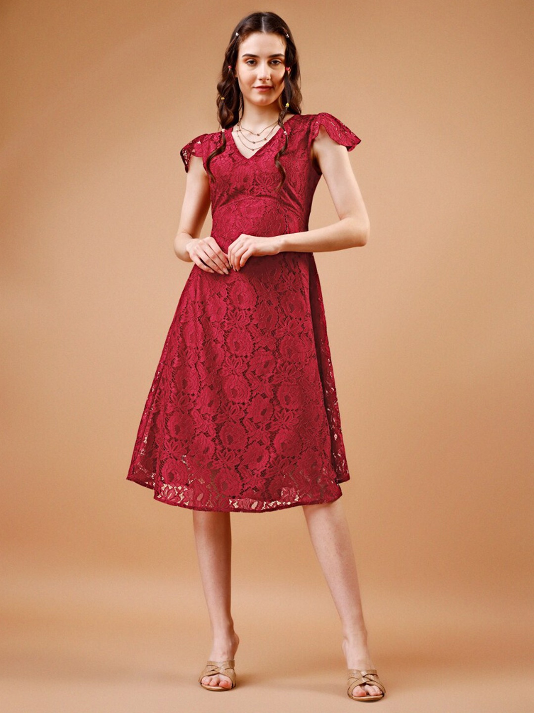 

WESTHOOD Floral Self Design Cap Sleeves Lace Fit & Flare Midi Dress, Maroon