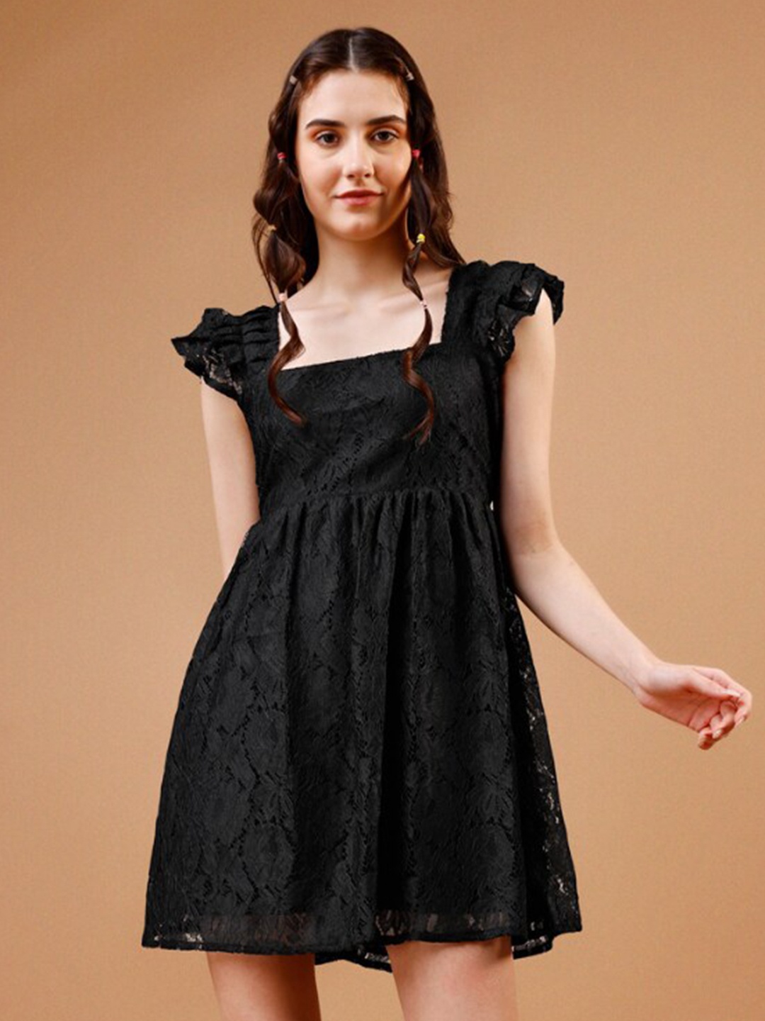 

WESTHOOD Floral Self Design Lace Fit & Flare Dress, Black
