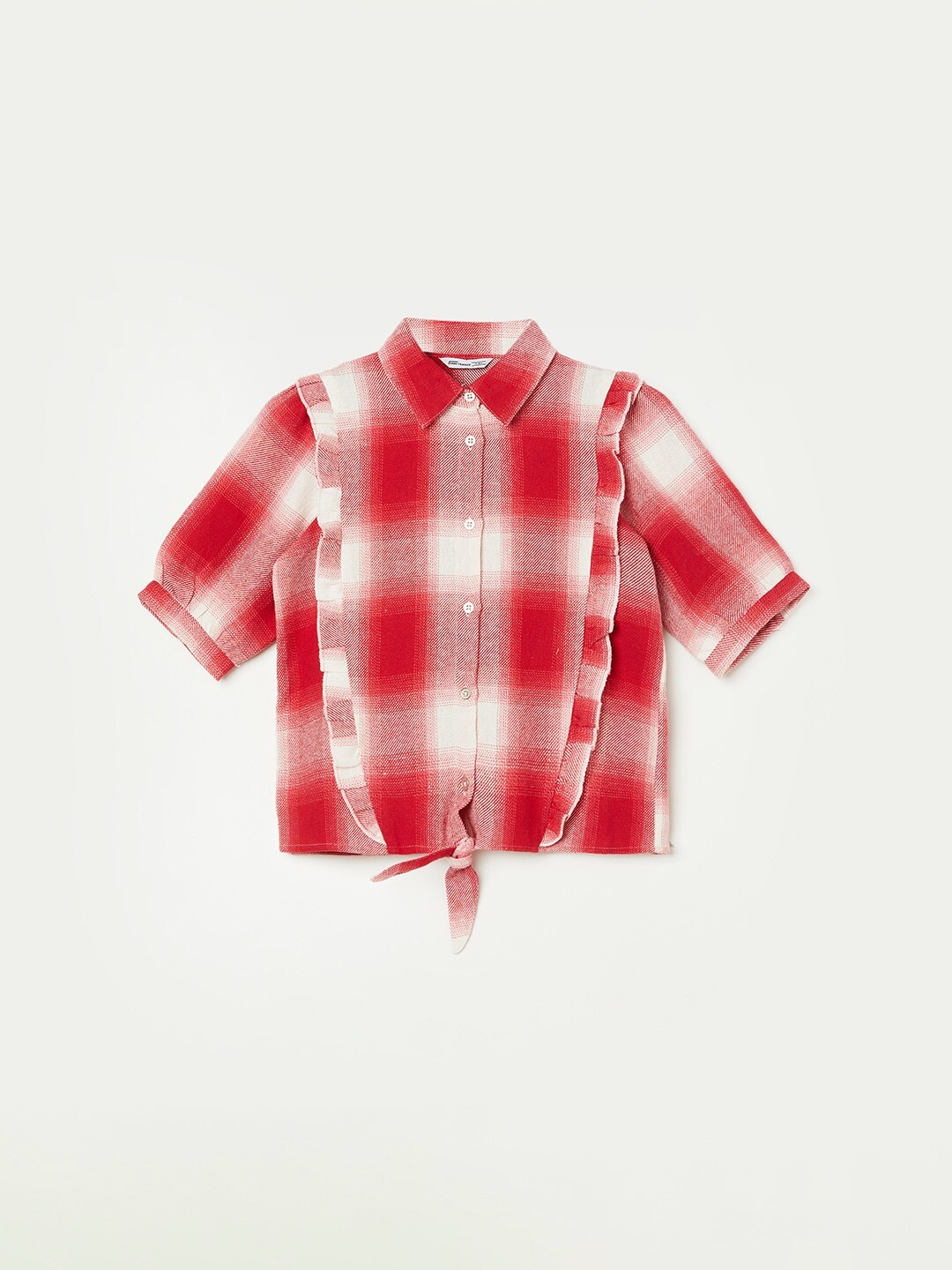 

Fame Forever by Lifestyle Girls Checked Puff Sleeve Waist Tie-Ups Cotton Shirt Style Top, Red