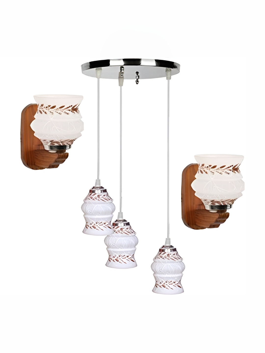 

Afast White & Brown 3 Pieces Printed Glass Wall Lamps With Hanging Lamp