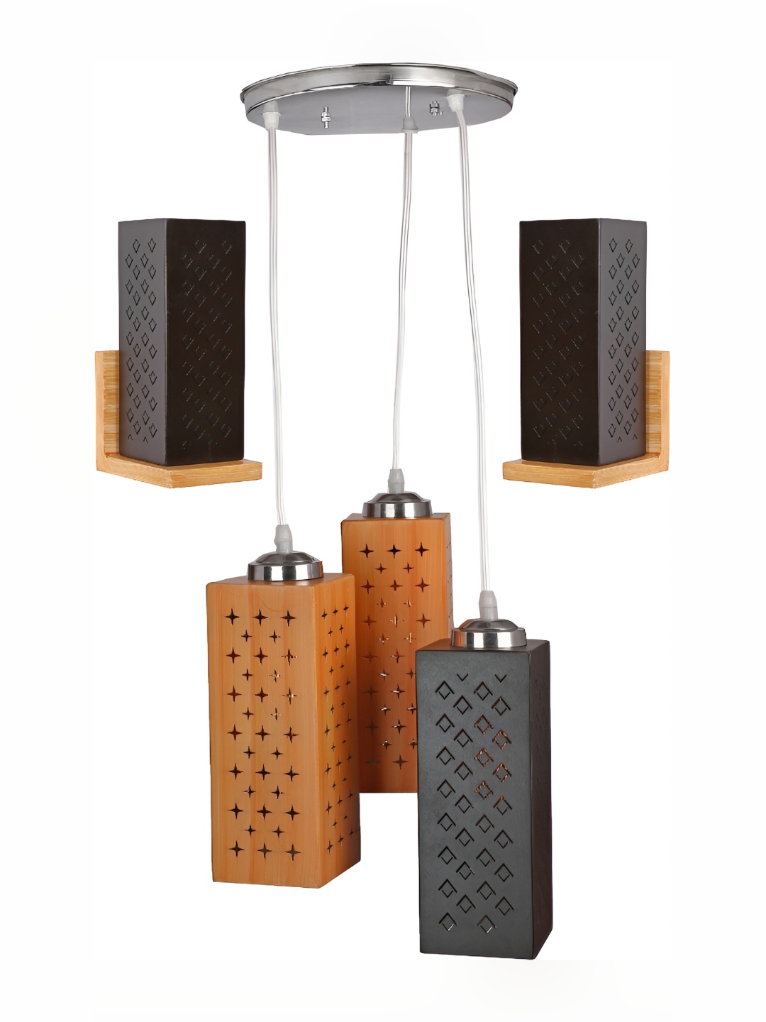 

Afast Brown & Black 3 Pieces Textured Rectangle Shaped Wood Wall Lamp & Ceiling Lamp