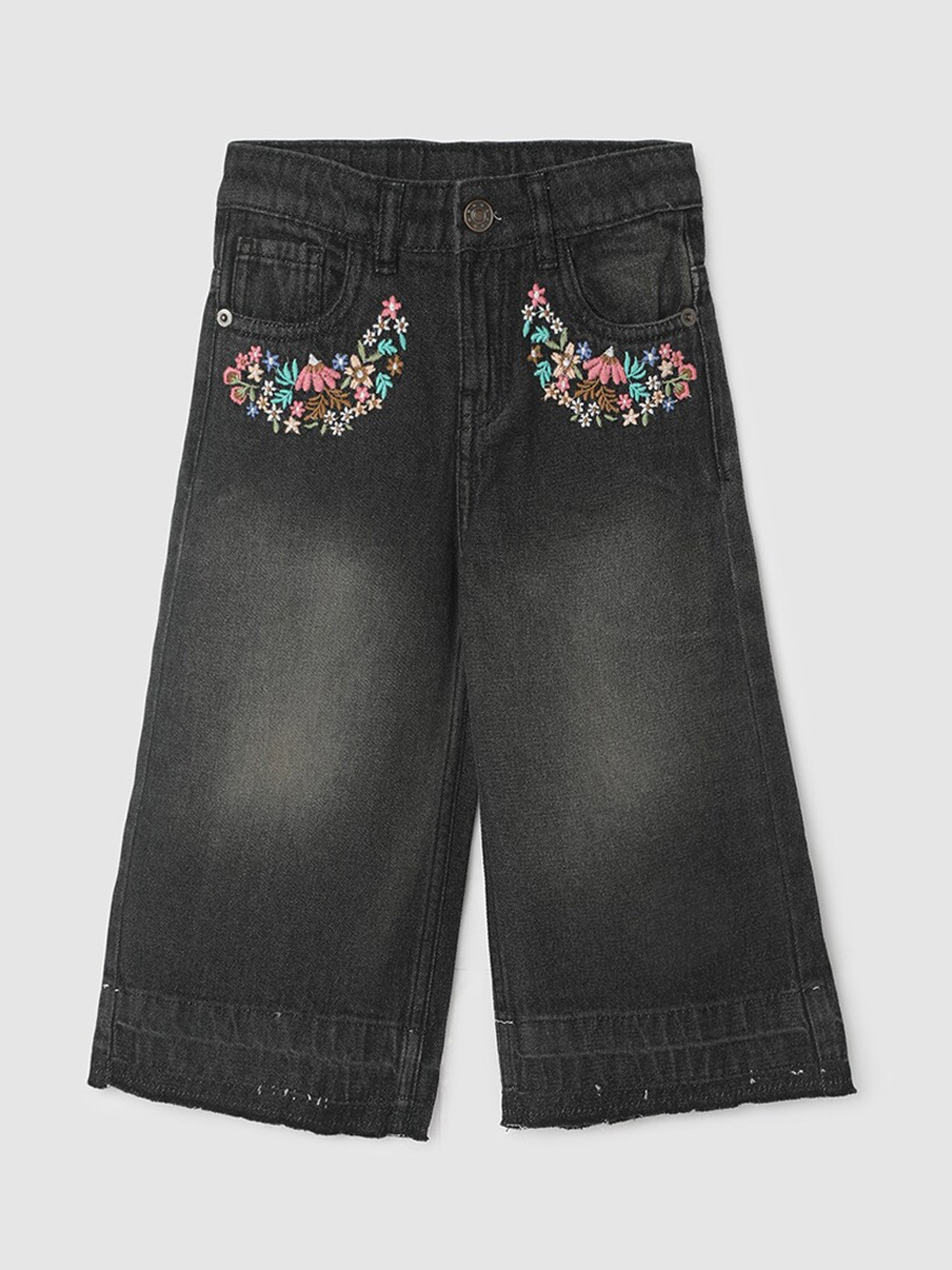 

max Girls Black Heavy Fade Clean Look Embroidered Pure Cotton Jeans