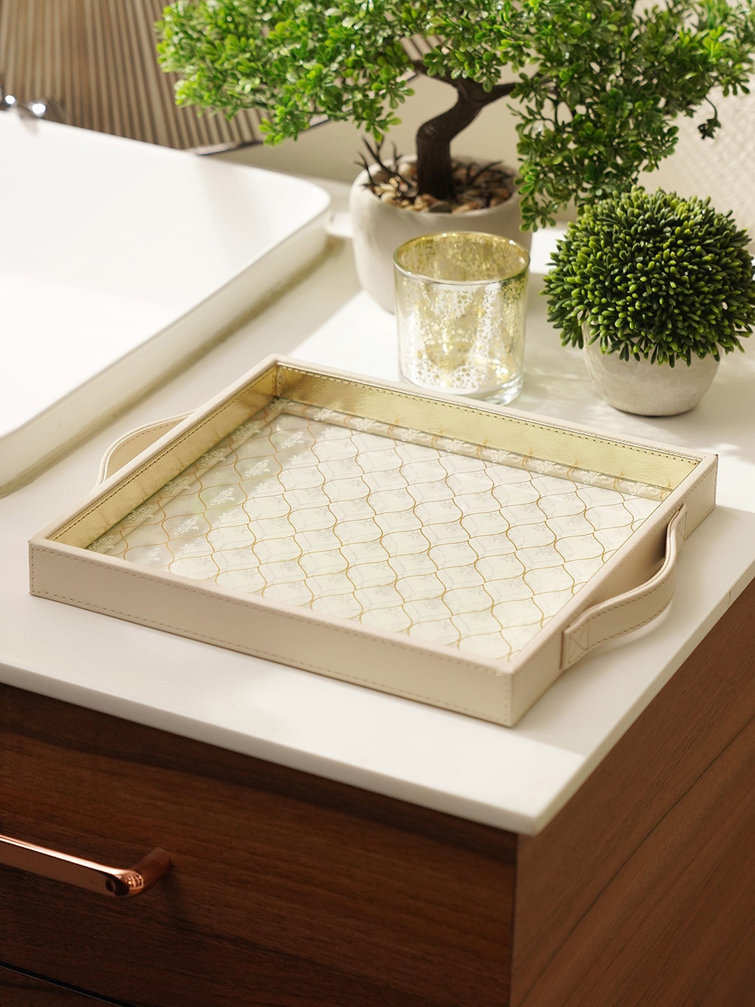 

Pure Home and Living Cream Colored Printed Square Tray