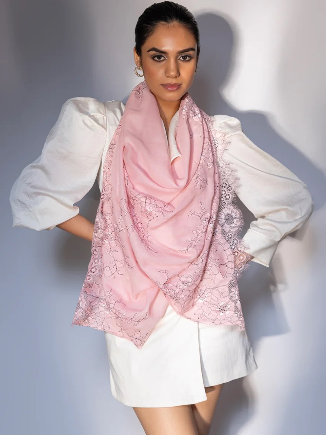 

MODARTA Floral Printed Delicate Lace Wool Shawl, Pink