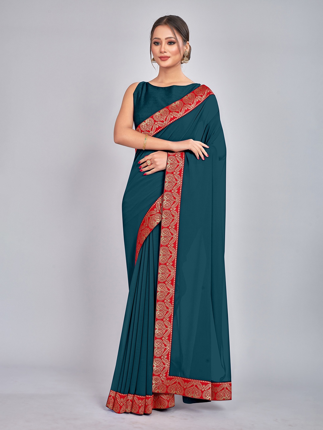 

CastilloFab Zari Pure Georgette Saree, Teal