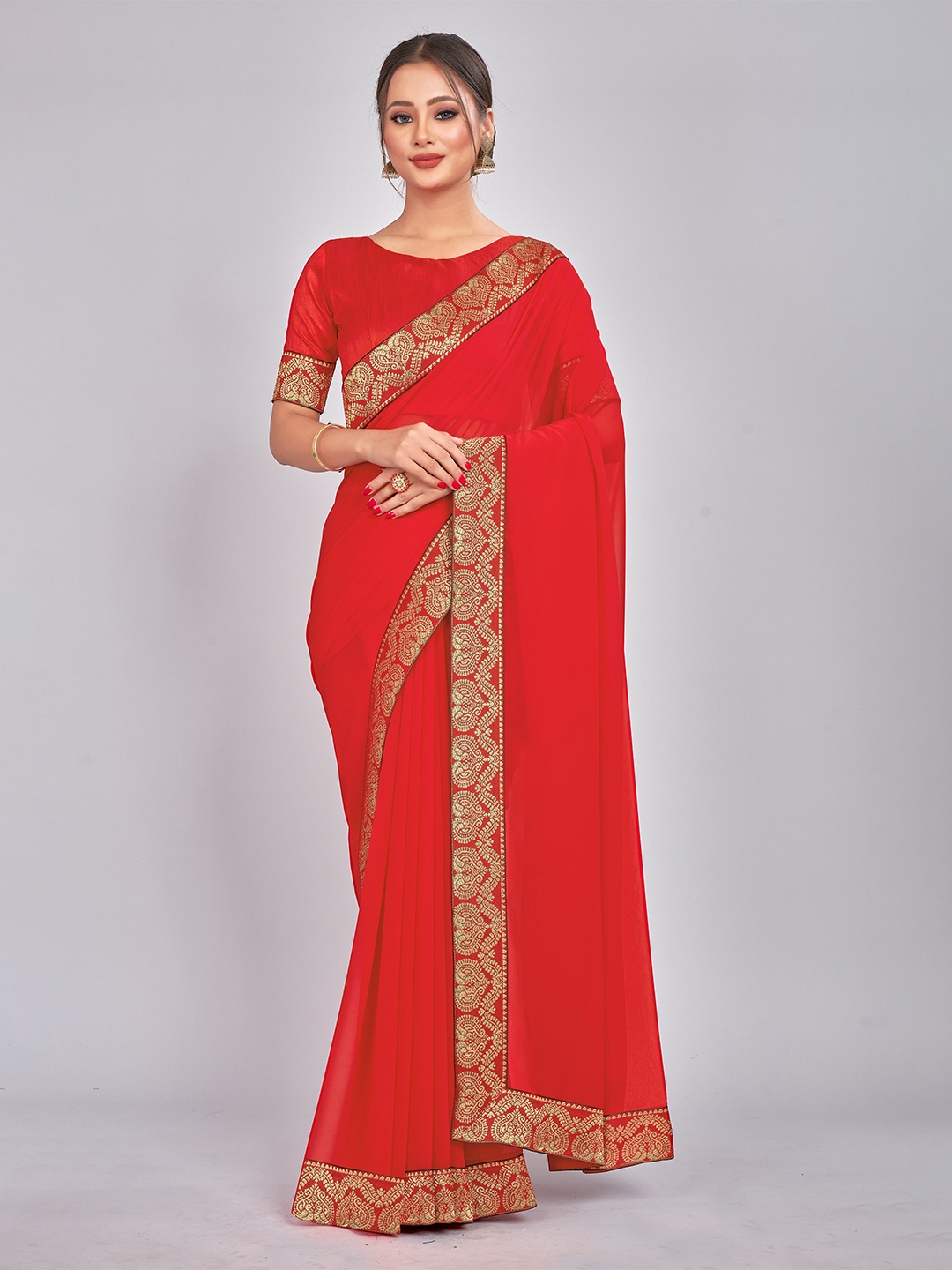 

CastilloFab Zari Pure Georgette Saree, Red