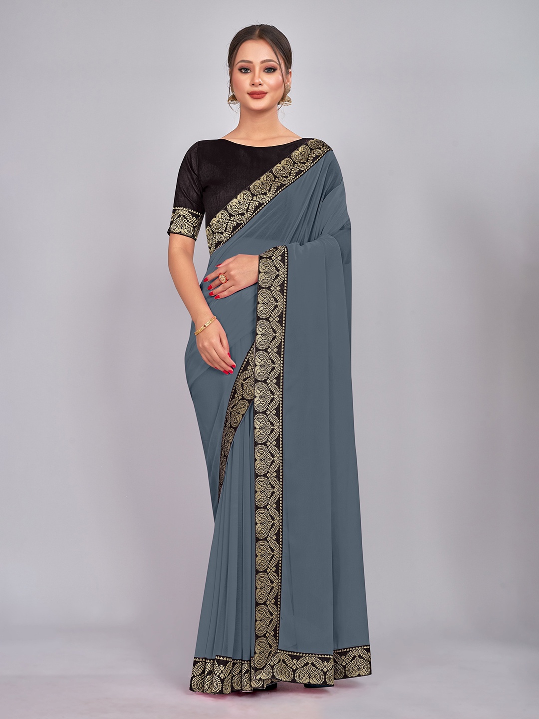 

CastilloFab Zari Pure Georgette Saree, Grey