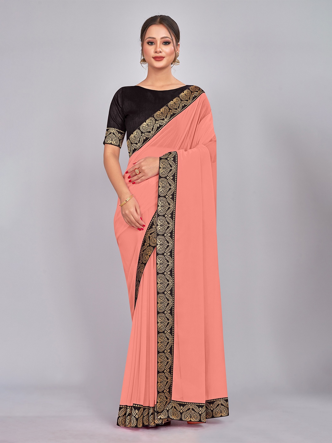

CastilloFab Zari Pure Georgette Saree, Peach