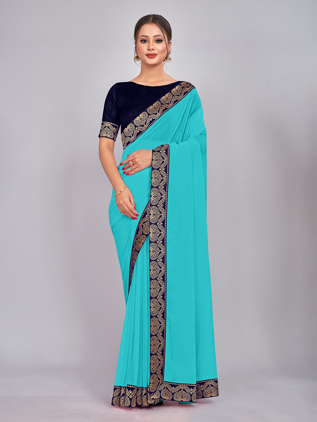 

CastilloFab Zari Pure Georgette Saree, Turquoise blue