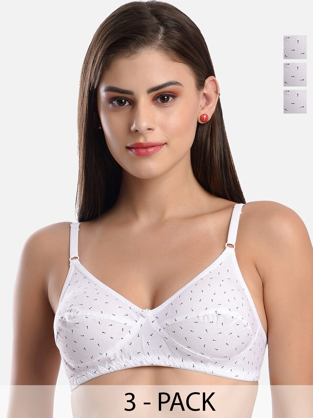 

StyFun Pack of 3 Micro Ditsy Printed Non-Padded Dry Fit Everyday Bras With All Day Comfort, White