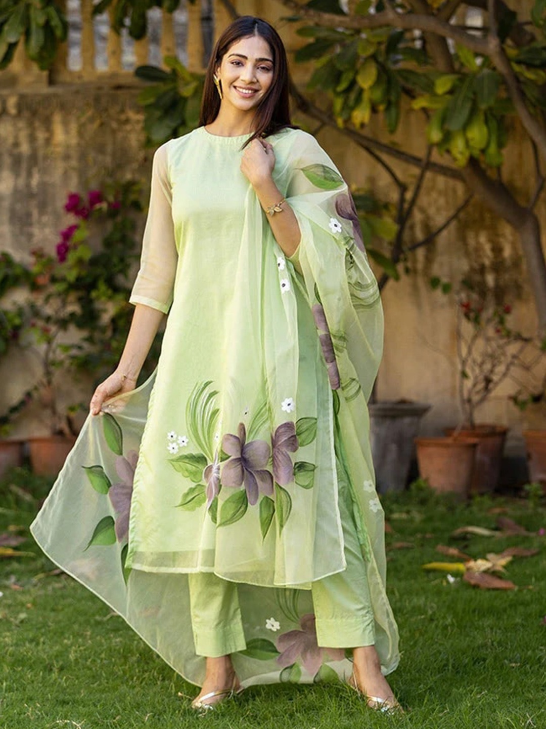 

Twika Women Lime Green Printed Regular Kurta with Trousers & With Dupatta