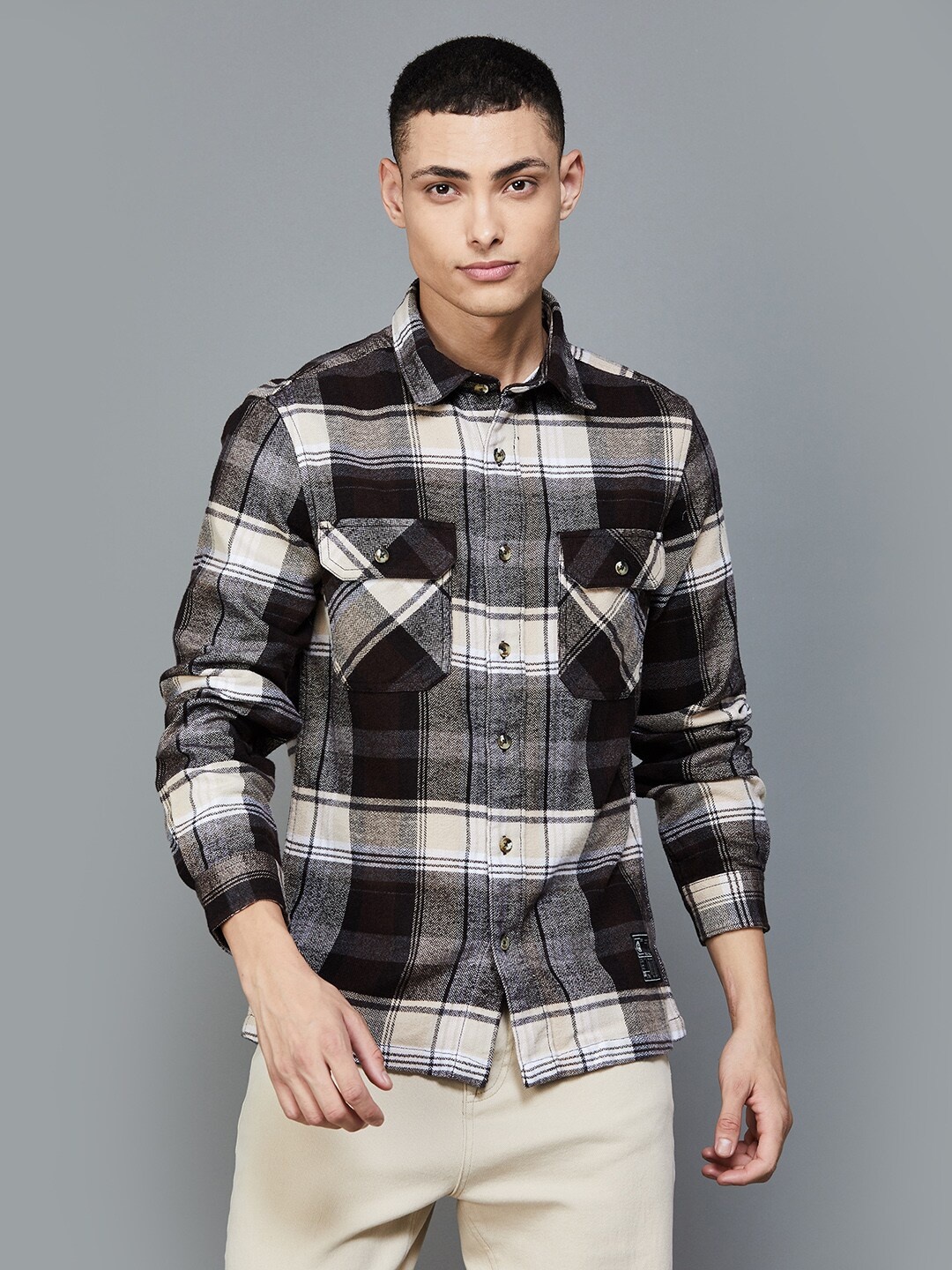

Bossini Spread Collar Checked Casual Cotton Shirt, Beige