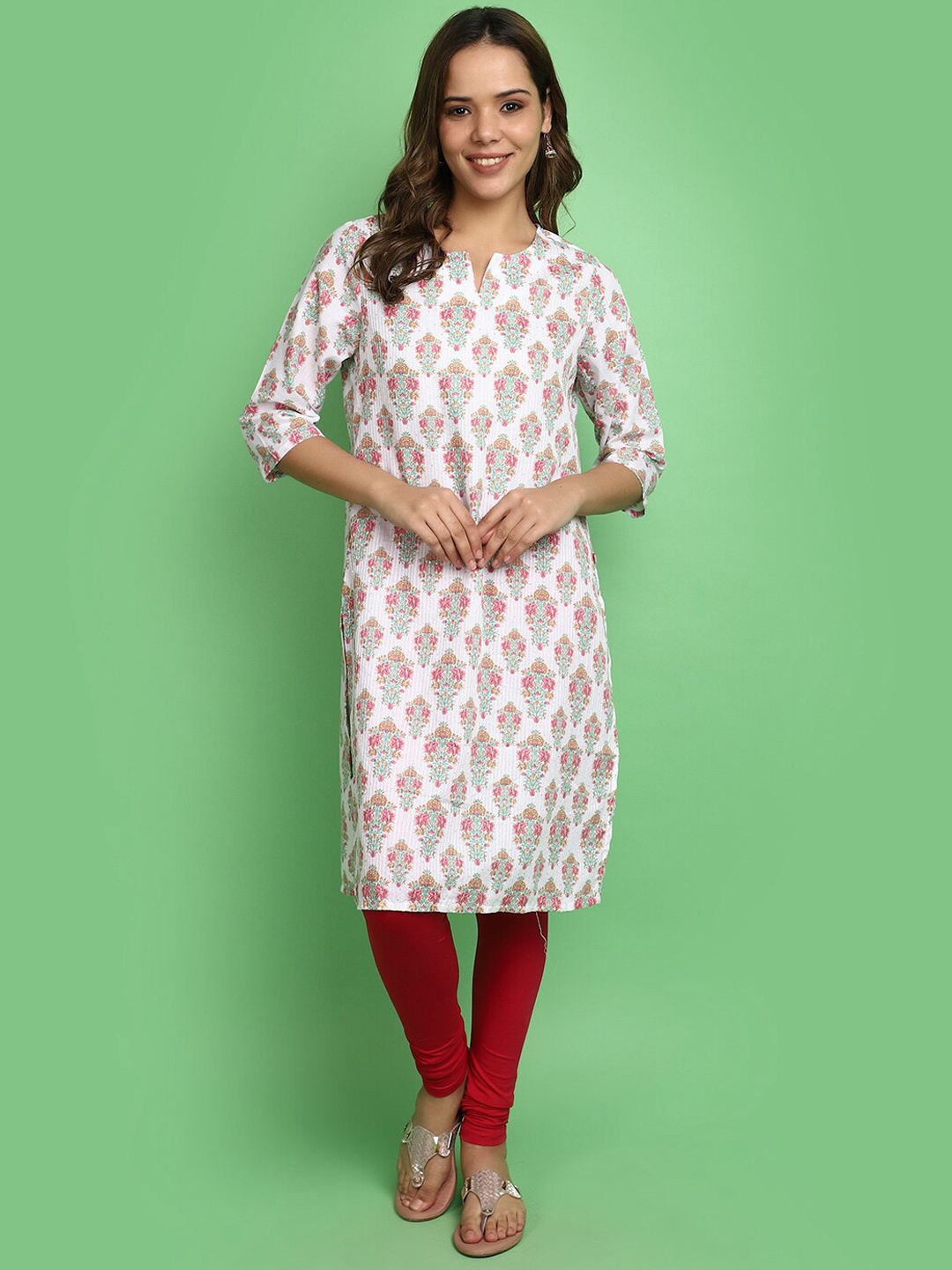 

V-Mart Floral Motif Printed Sequinned Round Neck Straight Kurta, White