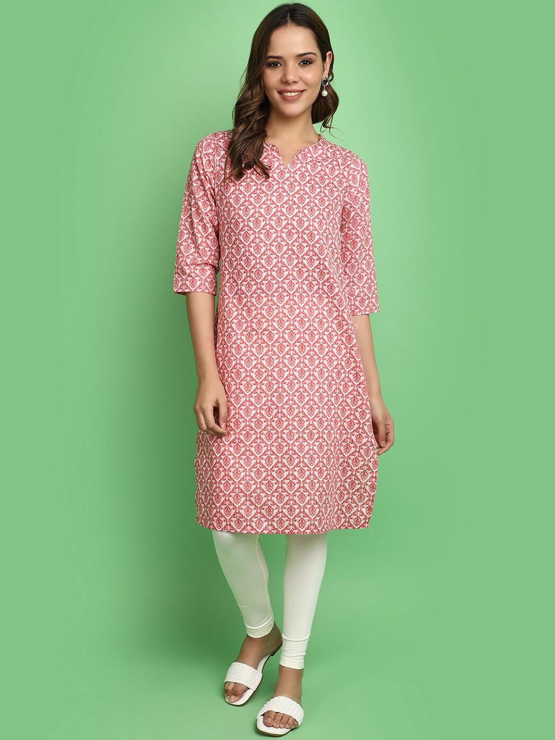 

V-Mart Ethnic Motif Printed Round Neck Sequinned Straight Kurta, Coral