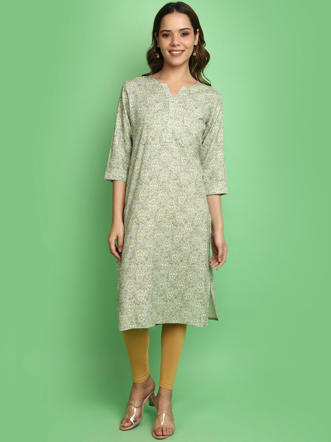 

V-Mart Ethnic Motifs Printed Notched Neck Straight Kurta, Green