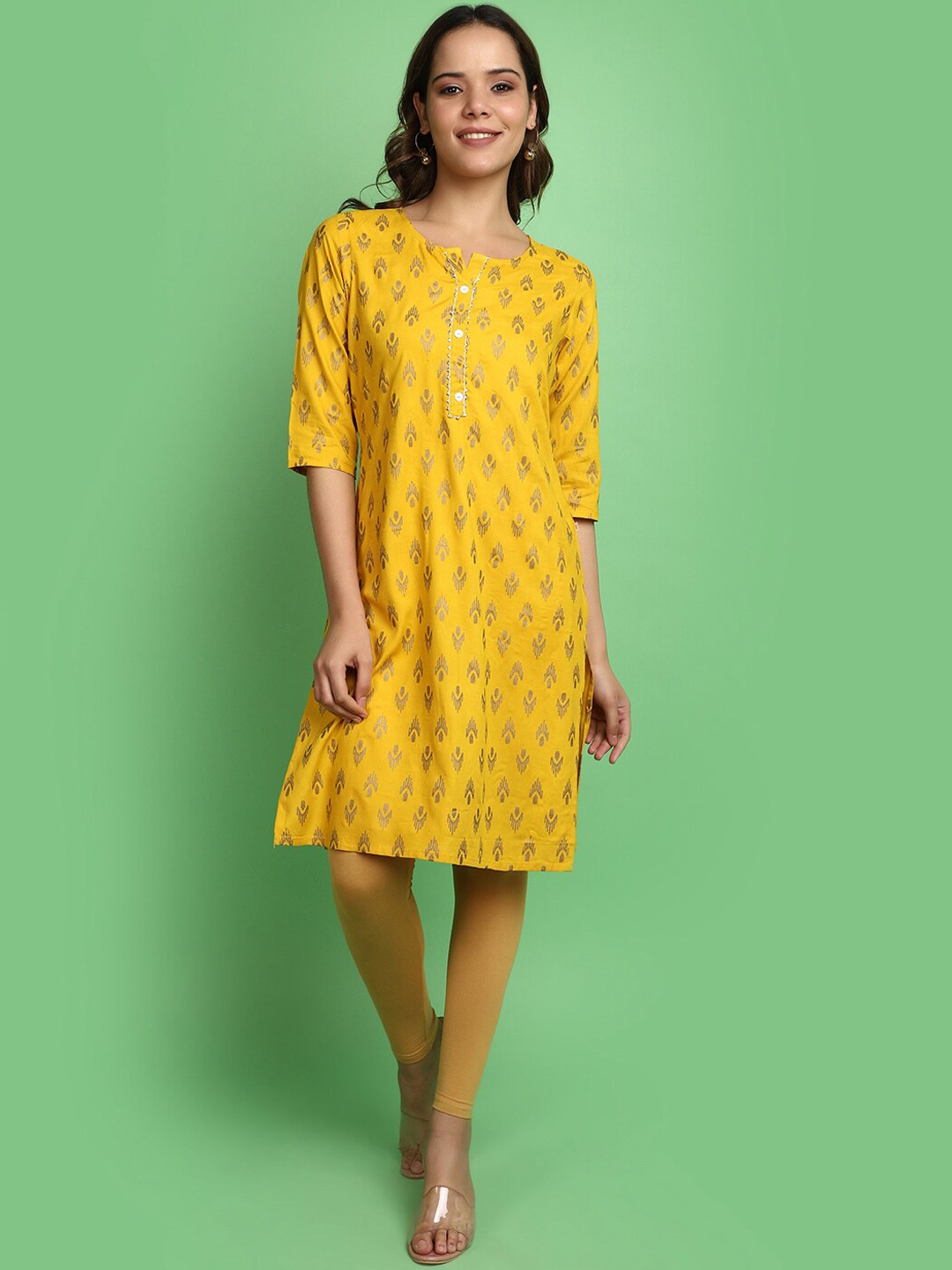 

V-Mart Ethnic Motifs Printed Gotta Patti Notched Neck Straight Kurta, Yellow