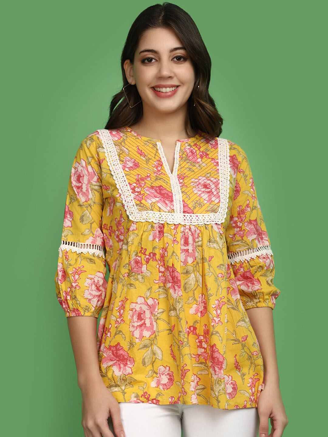 

V-Mart Floral Printed Notched Neck Lace Inserts Tunic, Yellow
