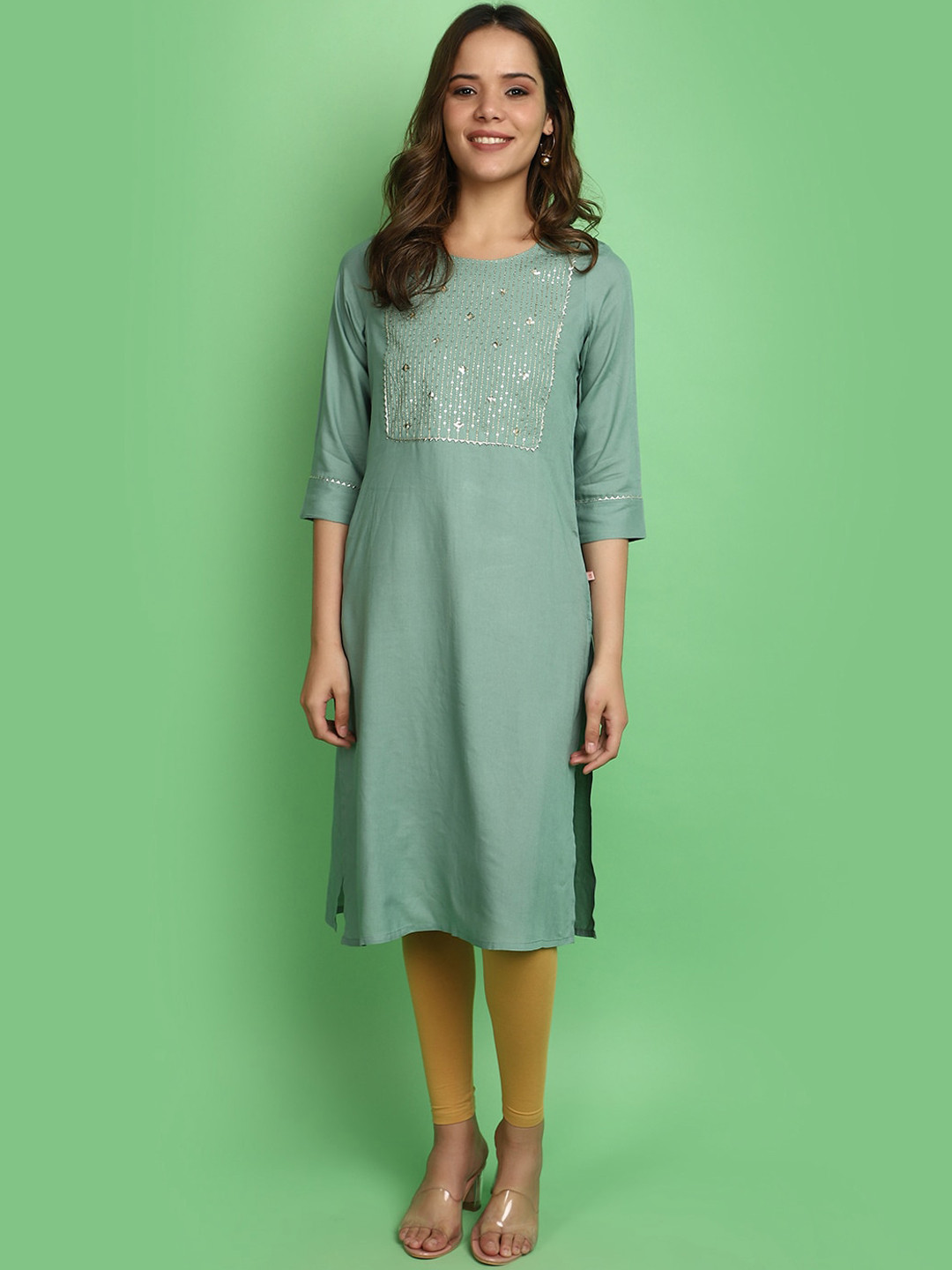 

V-Mart Round Neck Thread Work Embroidered Straight Kurta, Green