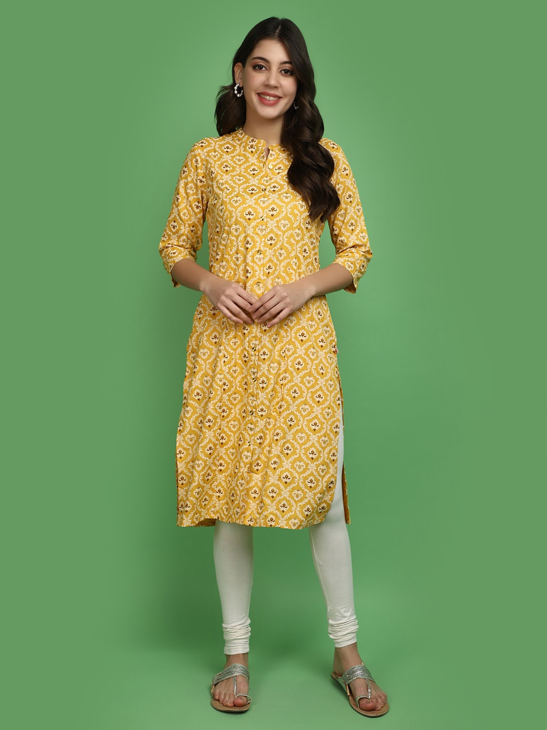 

V-Mart Ethnic Motifs Printed Keyhole Neck Sequins Cotton Straight Kurta, Yellow