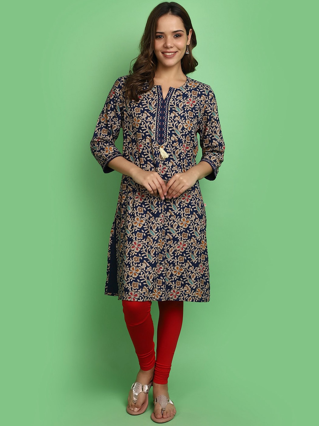 

V-Mart Floral Printed Gotta Patti Notched Neck A-Line Viscose Rayon Kurta, Navy blue