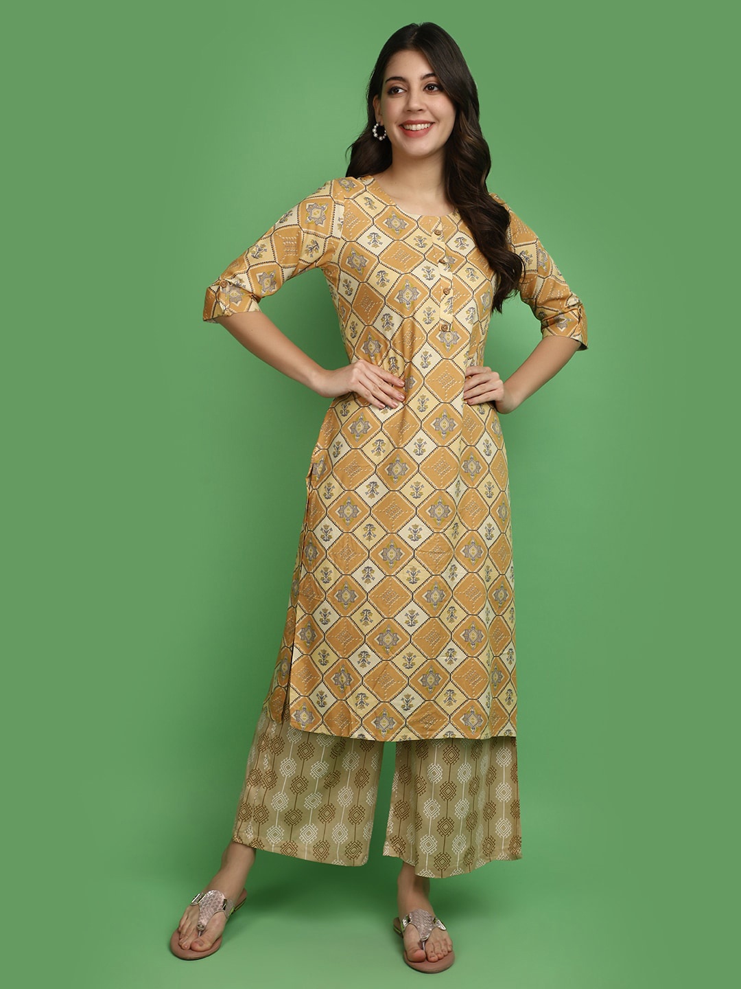 

V-Mart Ethnic Motifs Printed Straight Kurta, Mustard