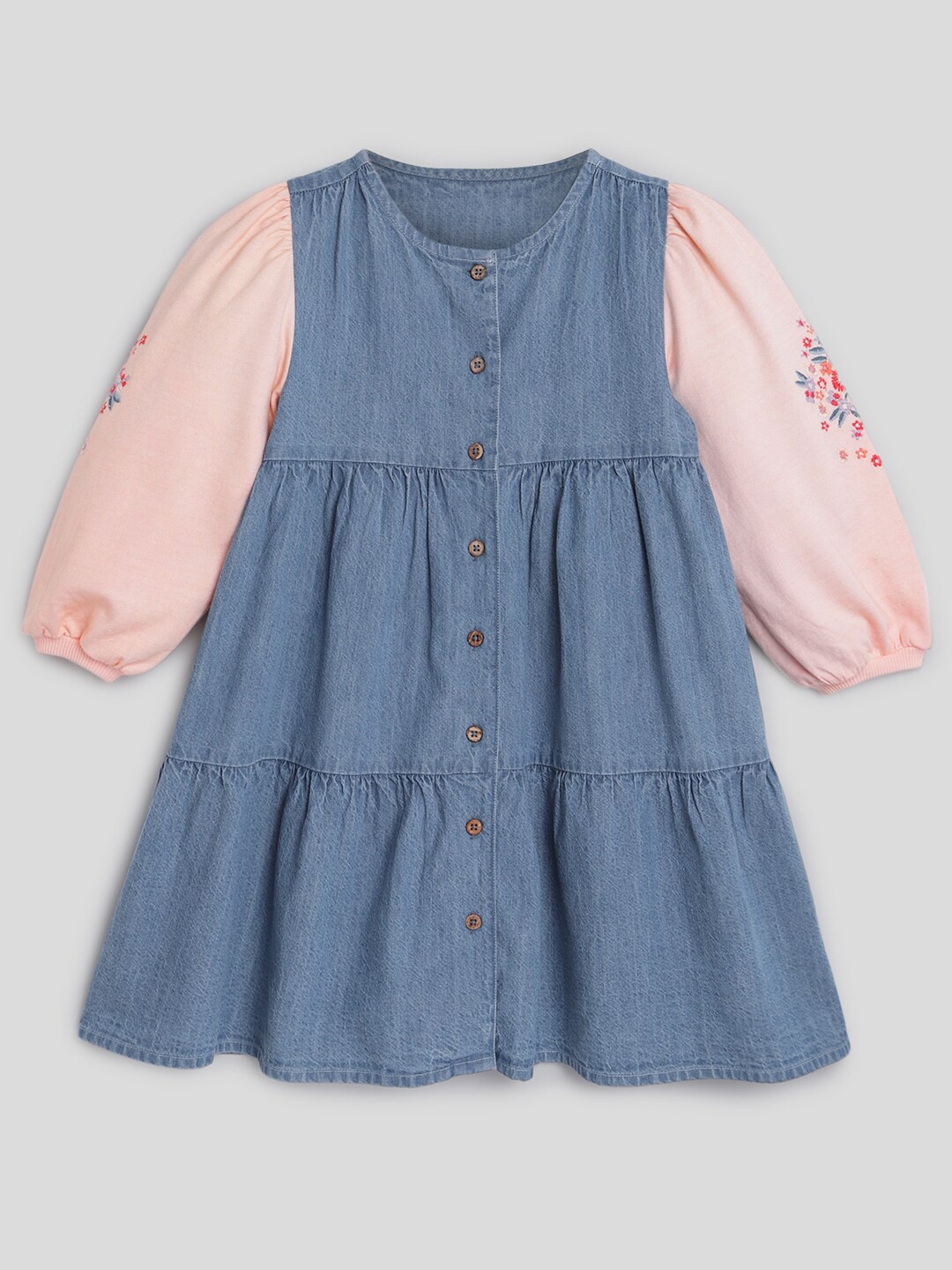 

Somersault Girls Embroidered Pure Cotton Denim A-Line Dress, Blue