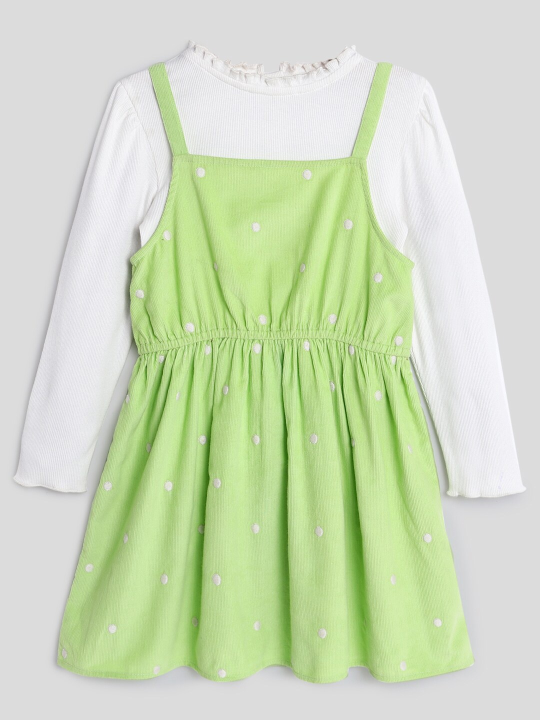 

Somersault Girls Polka Dot Printed Corduroy Pure Cotton A-Line Dress, Green