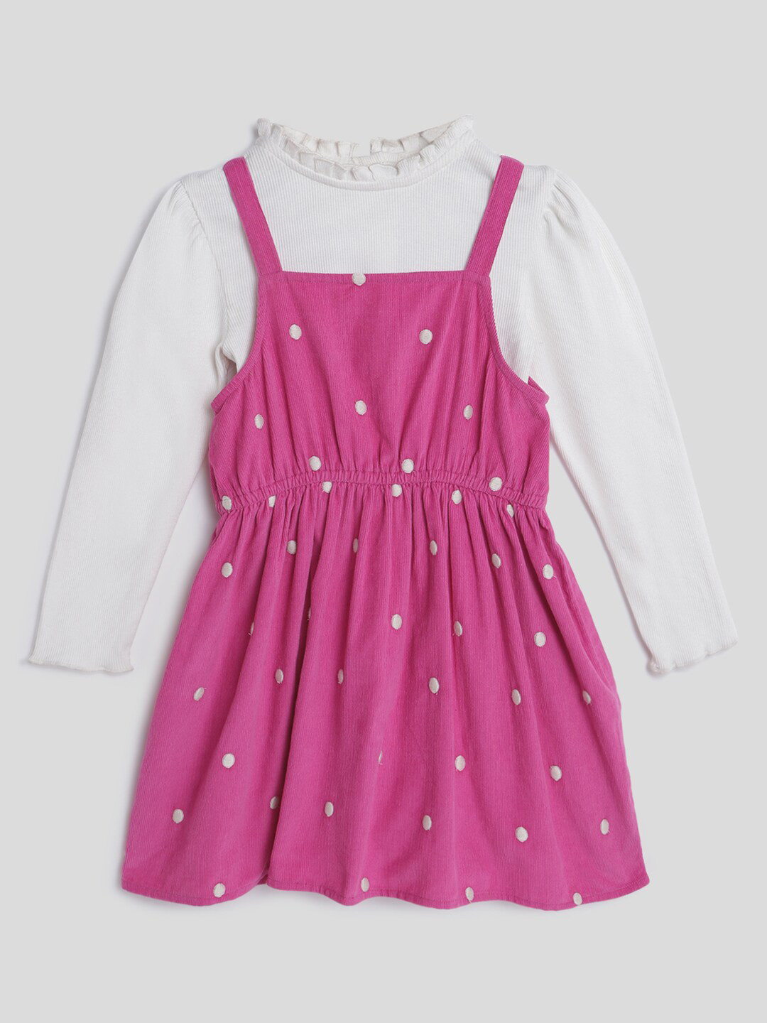 

Somersault Girls Polka Dot Printed Corduroy Pure Cotton A-Line Dress, Pink