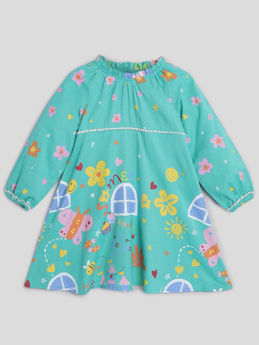 

Somersault Girls Graphic Printed Puff Sleeve A-Line Dress, Green