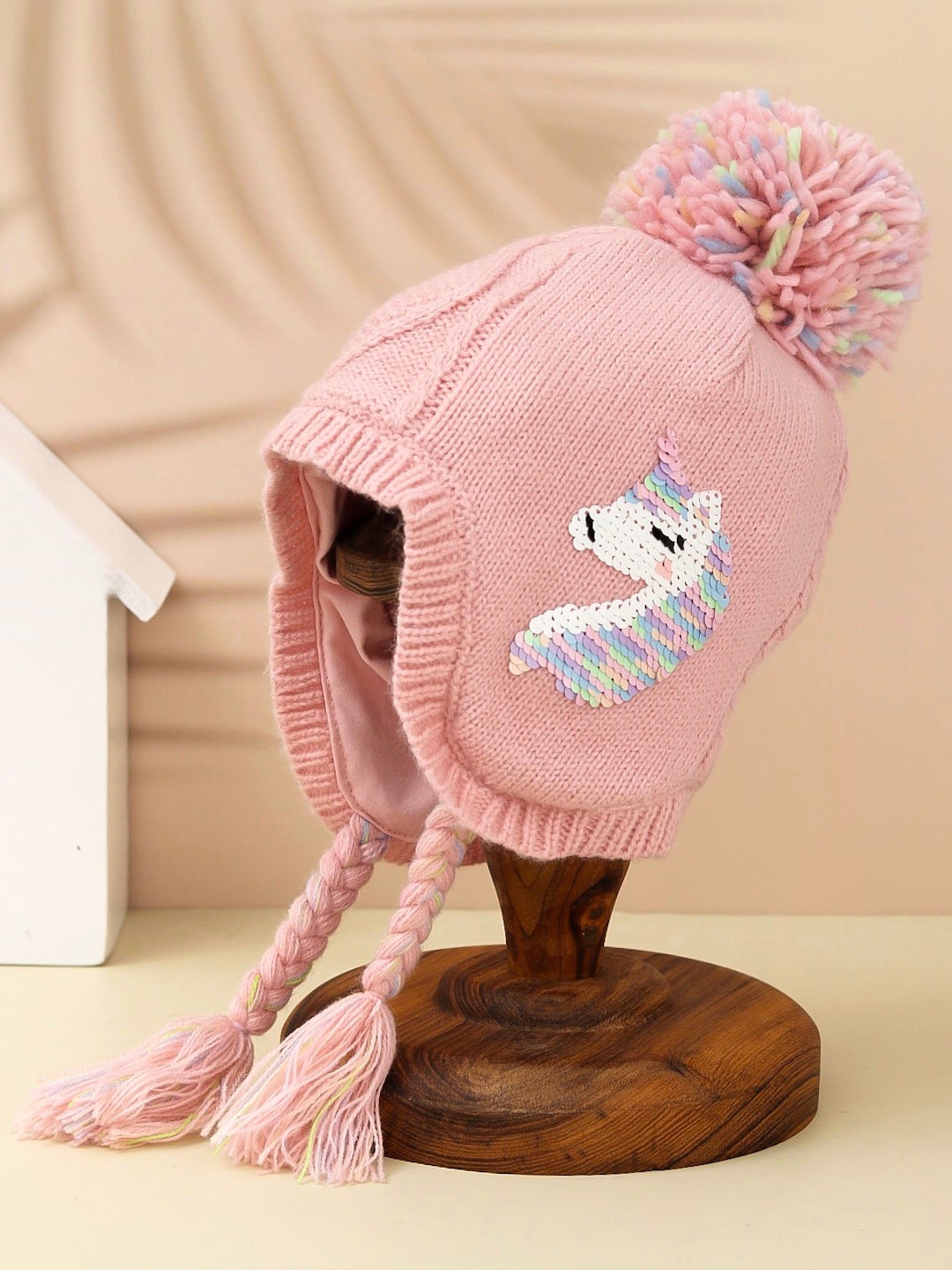 

Yellow Bee Girls Reversible Sequins Unicorn Woollen Cap, Pink