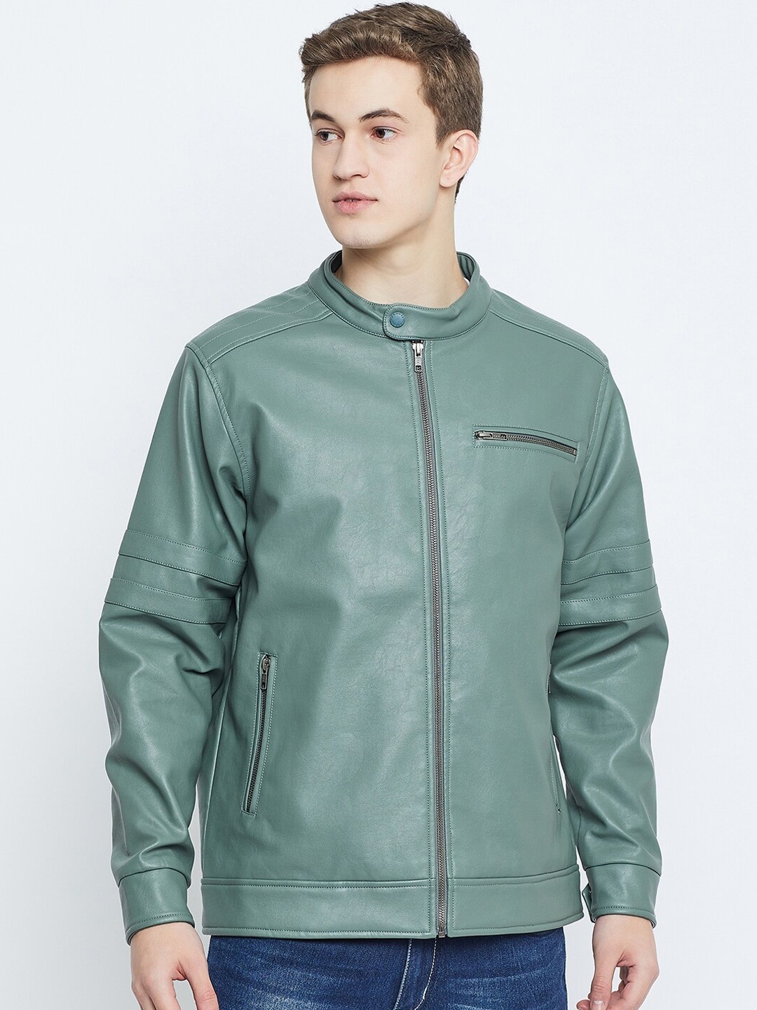 

Okane Band Collar Biker Jacket, Green