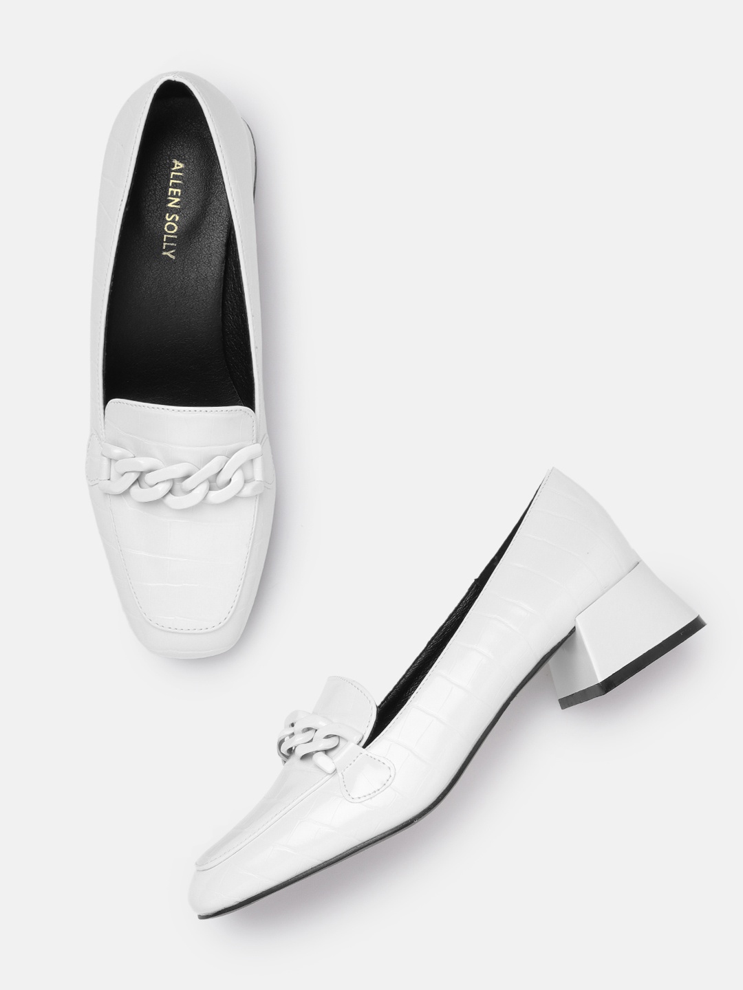 

Allen Solly Croc Textured Block Heel Pumps With Chain Detail, White