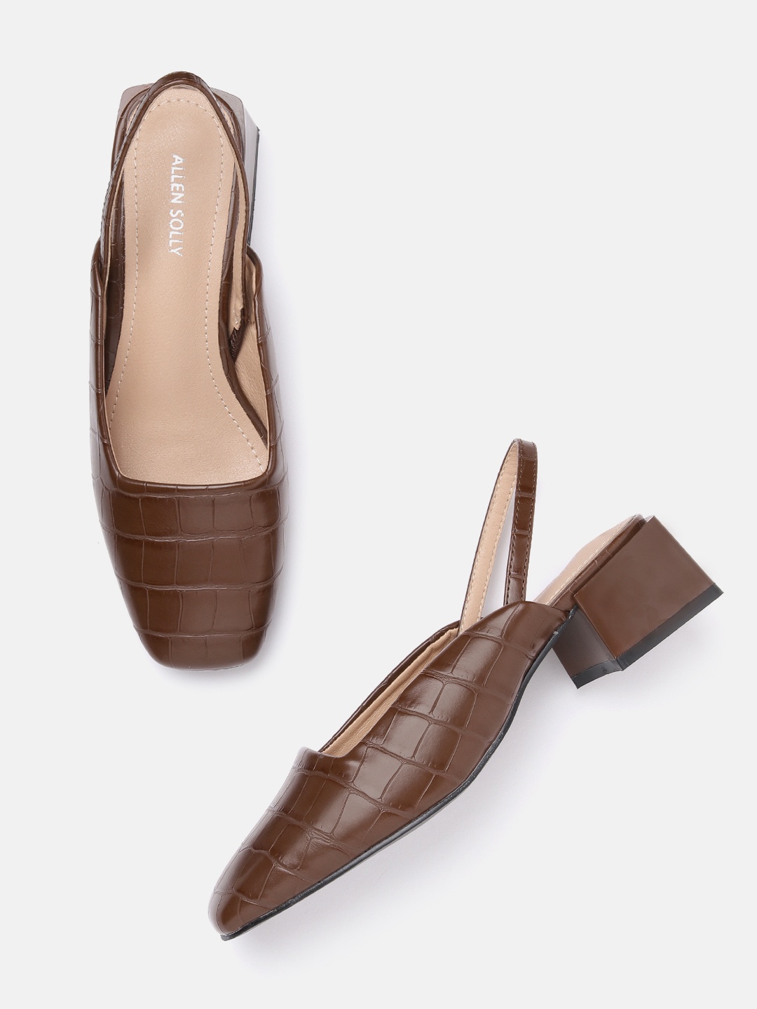 

Allen Solly Croc Textured Block Heel Mules, Brown