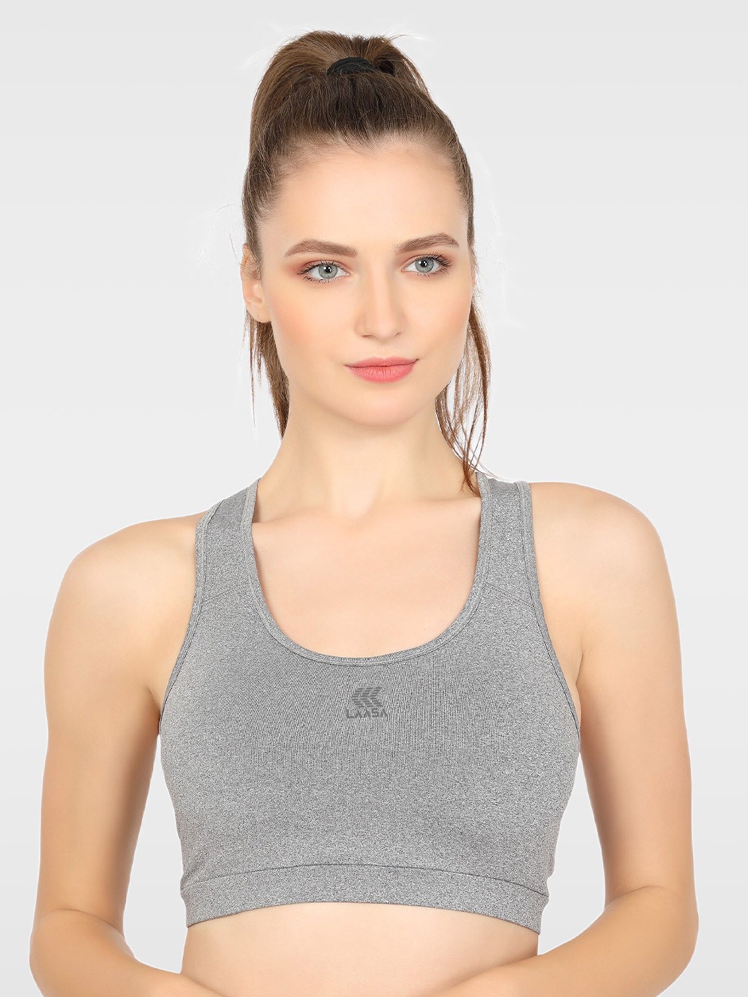LAASA SPORTS Full Coverage Removable Padding Workout Bra with Dry Fit & All Day Comfort, Grey