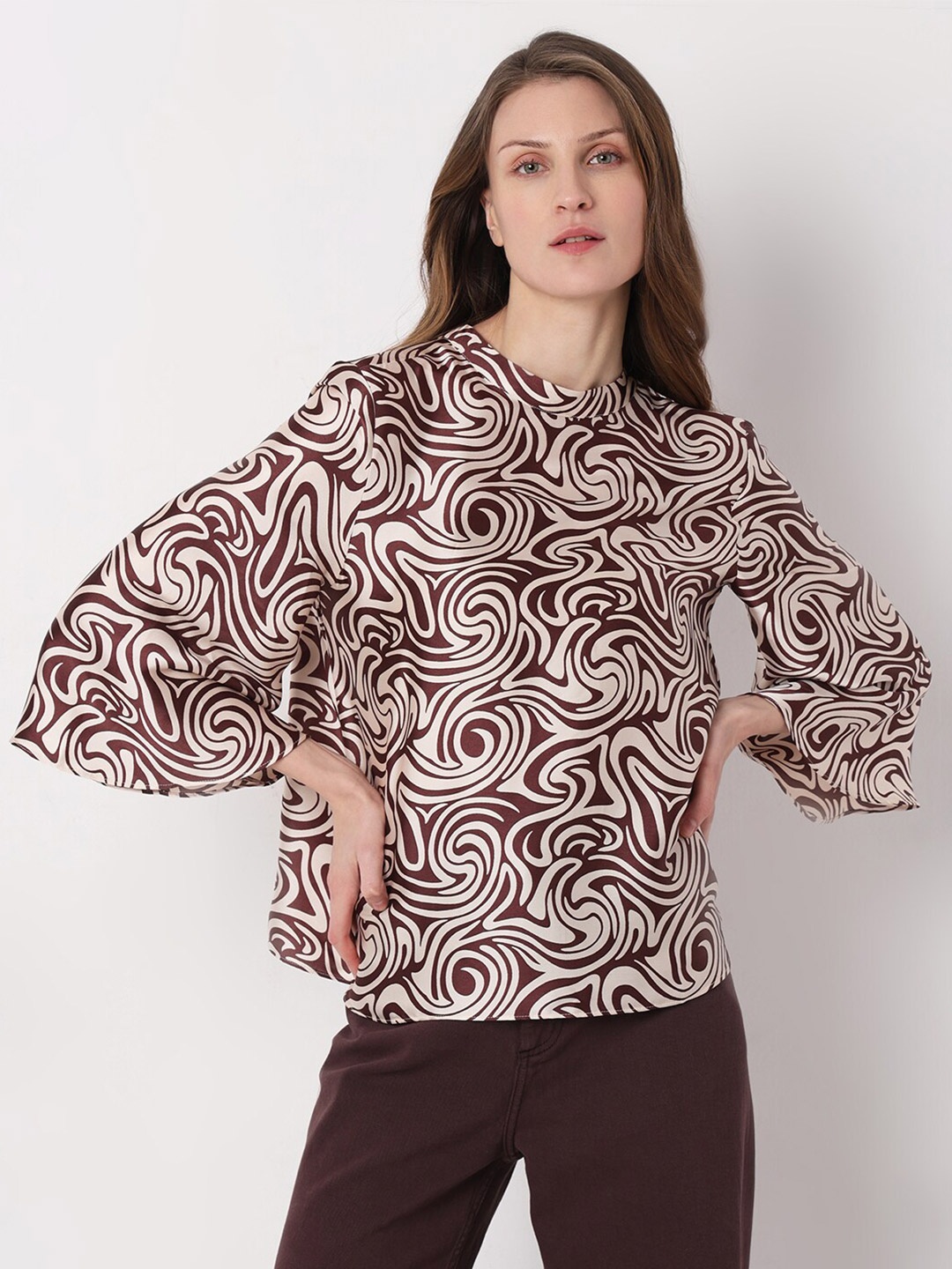 

Vero Moda Abstract Printed High Neck Flared Sleeve Top, Brown