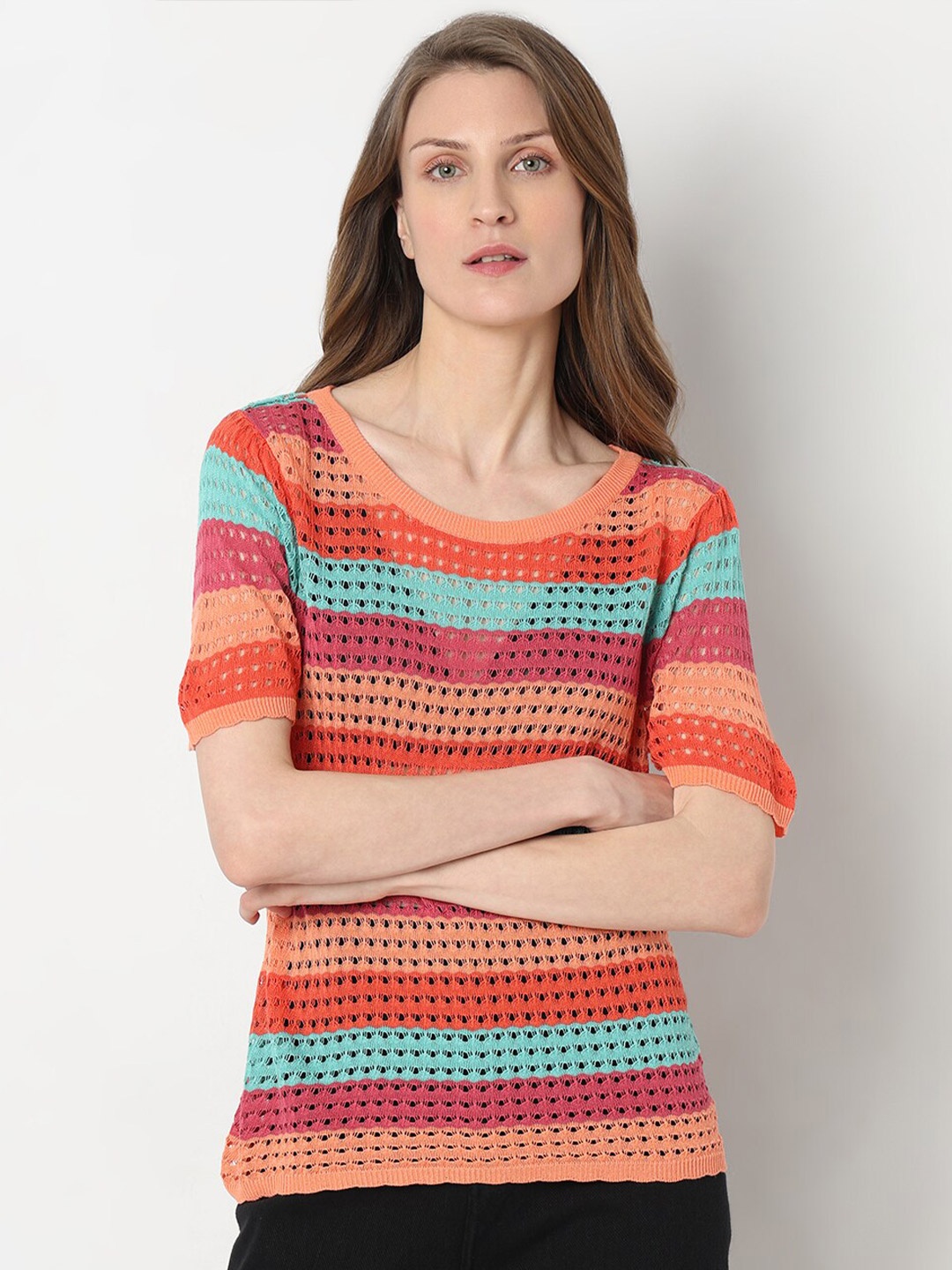 

Vero Moda Horizontal Stripes Round Neck Top, Blue