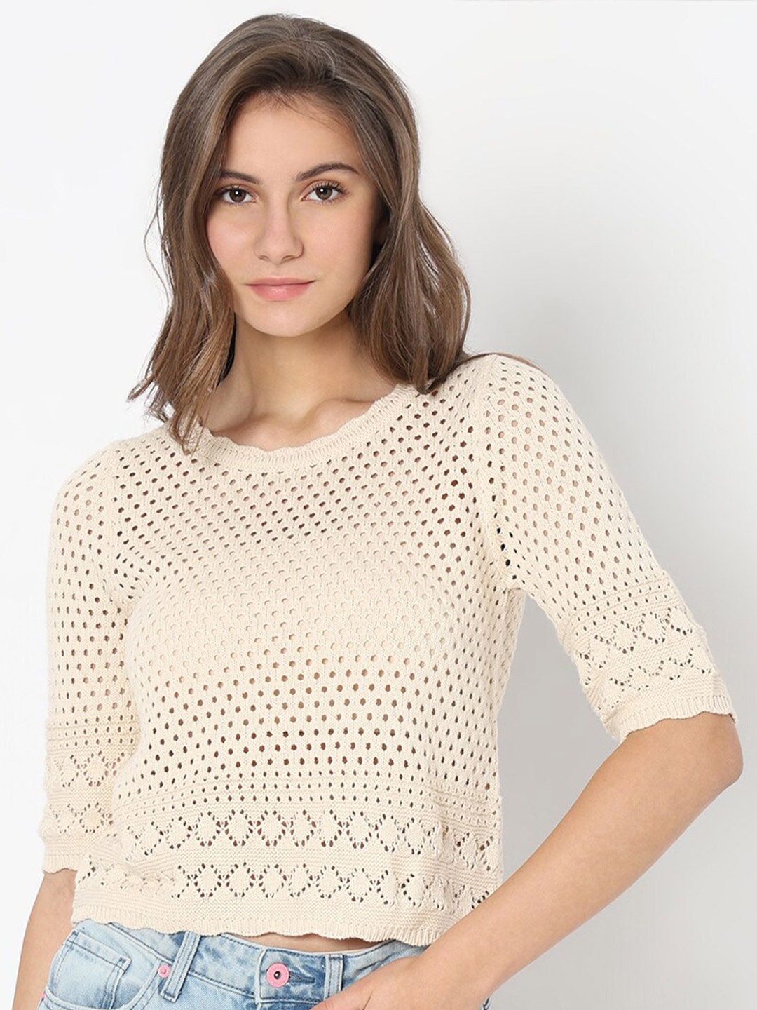 

Vero Moda Self Design Round Neck Pure Cotton Top, Off white