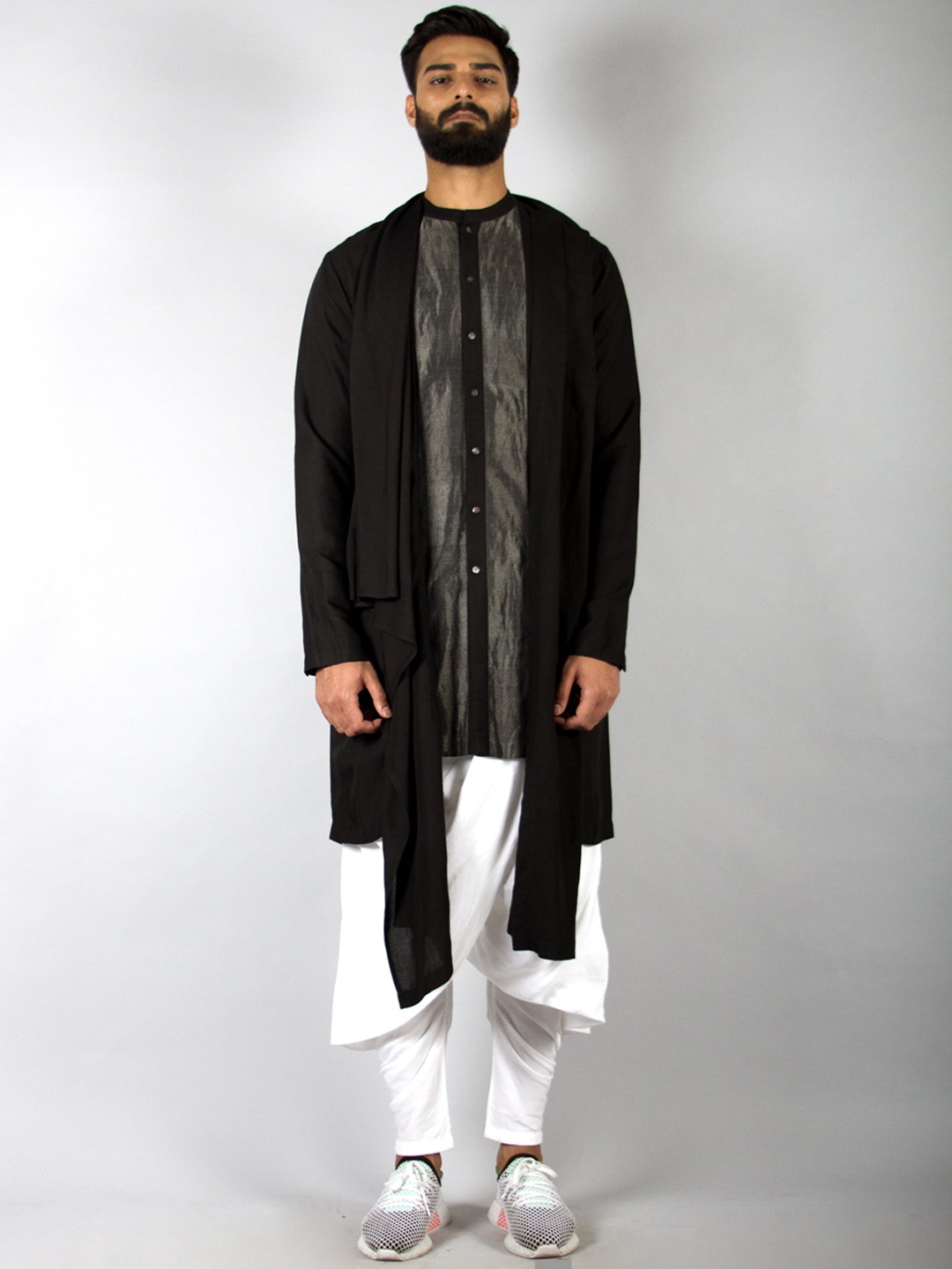 

Antar-Agni Kabir Zari Woven Design Linen Kurta with Trousers, Black