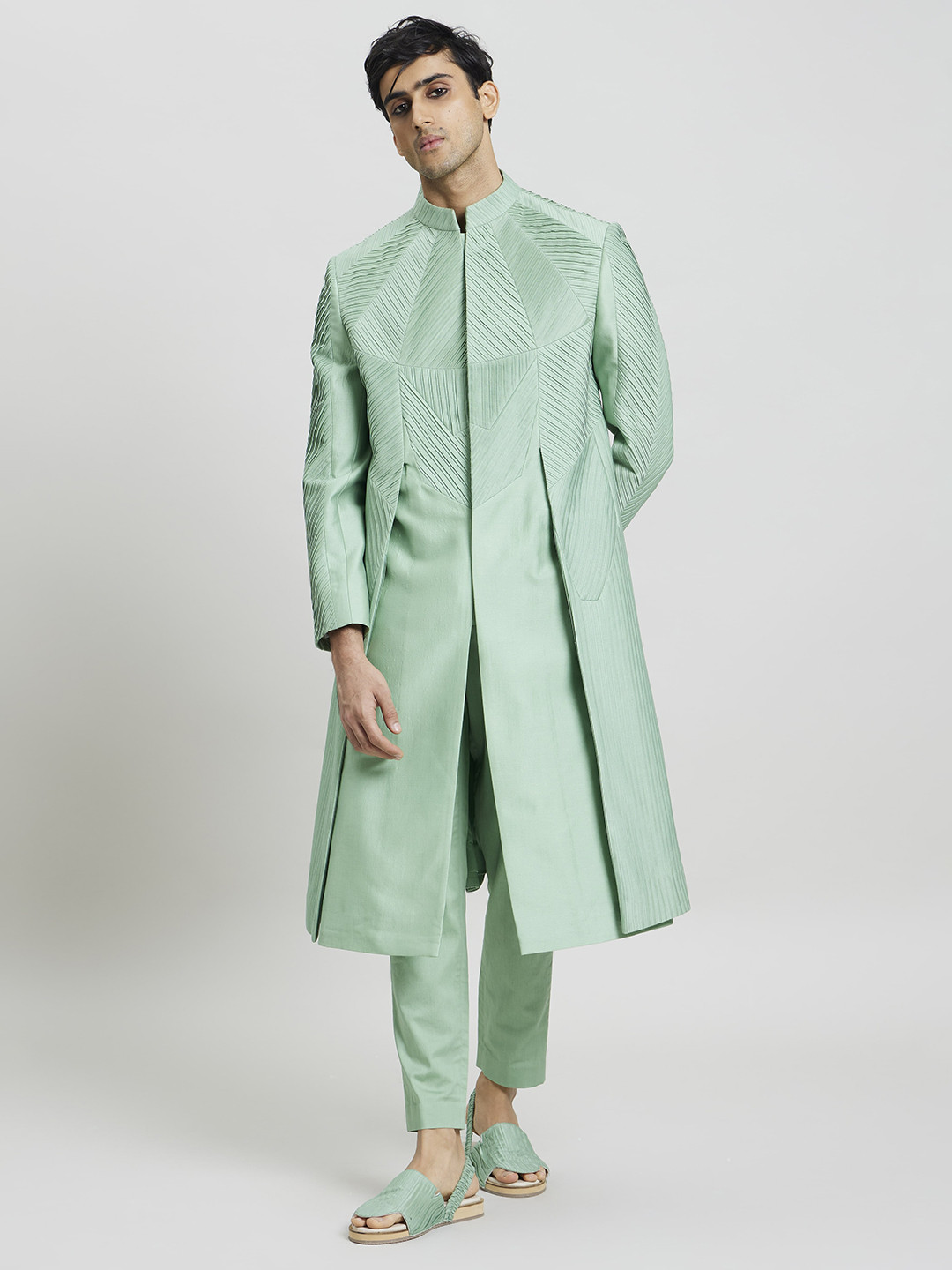 

Antar-Agni Mandarin Collar Self Design Samurai Jacket with Pyjama Pants, Green