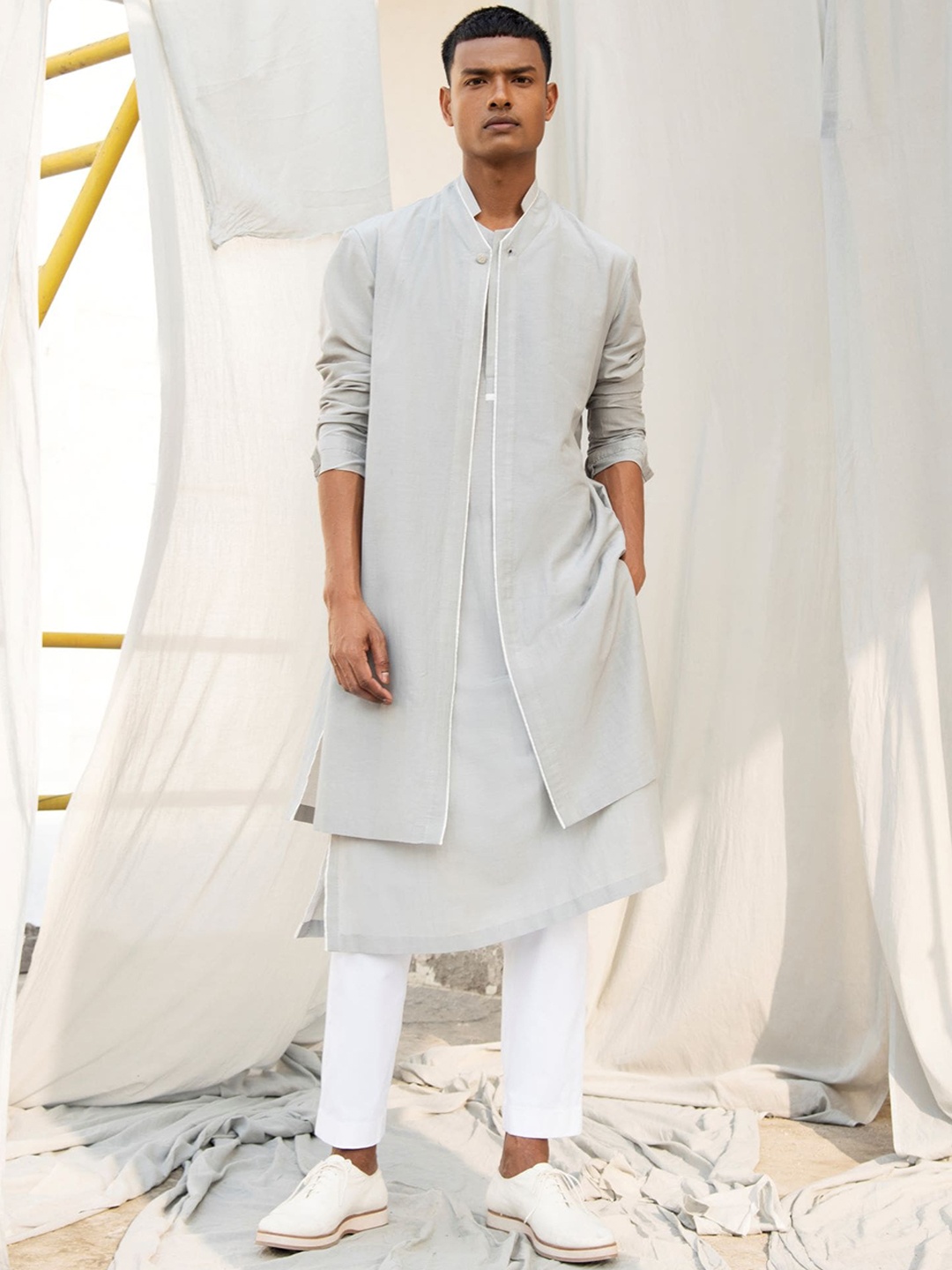 

Antar-Agni Mandarin Collar Straight Valley Kurta with Pyjamas, Grey