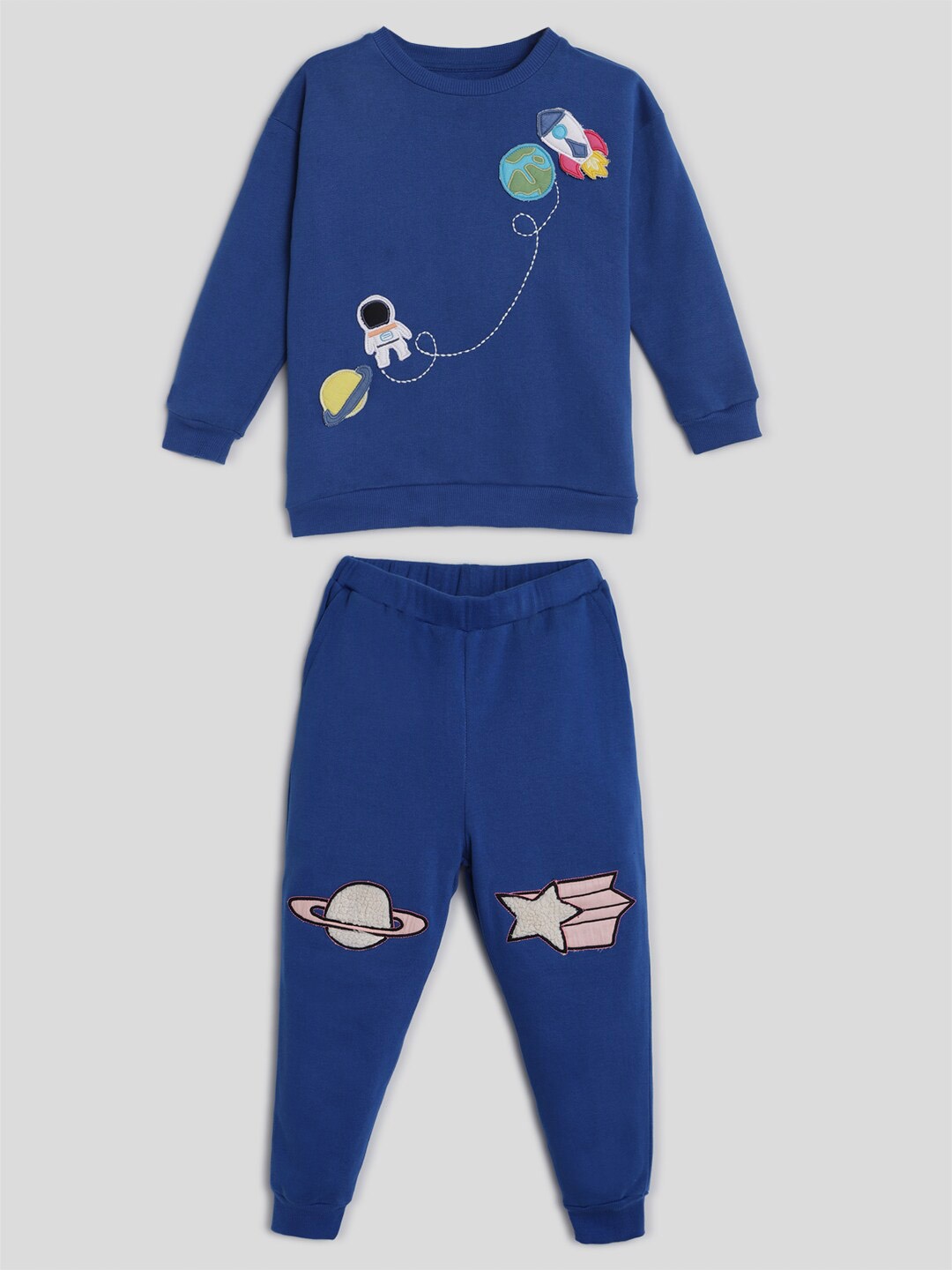 

Somersault Boys Graphic Embroidered Pure Cotton T-shirt with Trousers, Blue