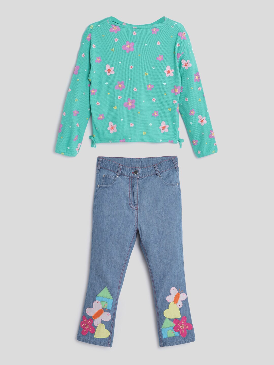 

Somersault Girls Floral Printed Pure Cotton T-shirt with Trousers, Blue