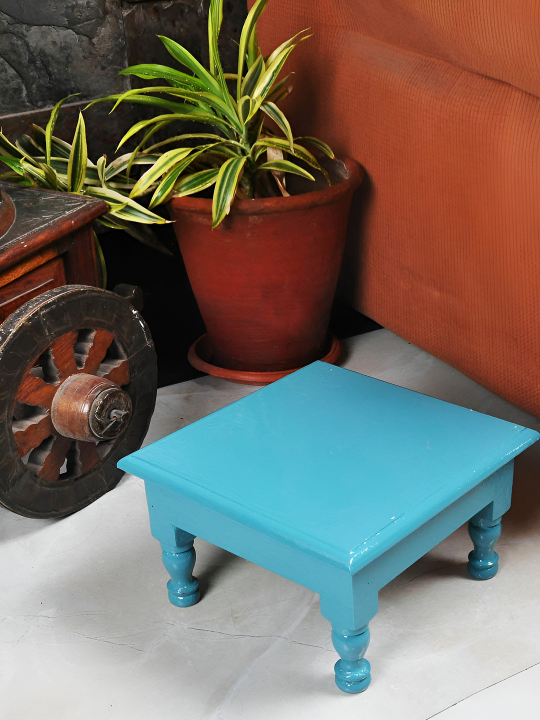 

Lal Haveli Turquoise Blue Wooden Pooja Chowkie
