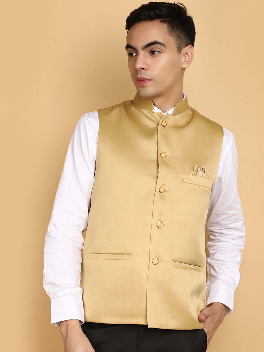 

V-Mart Mandarin Collar Cotton Nehru Jacket, Beige