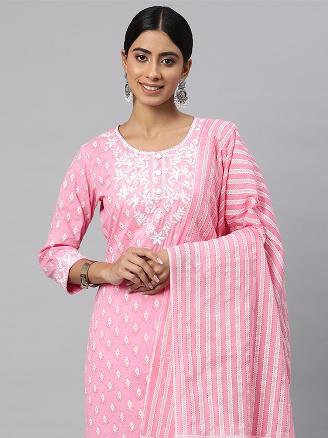 

Readiprint Women Printed Thread Work Kurta with Trousers & With Dupatta, Pink