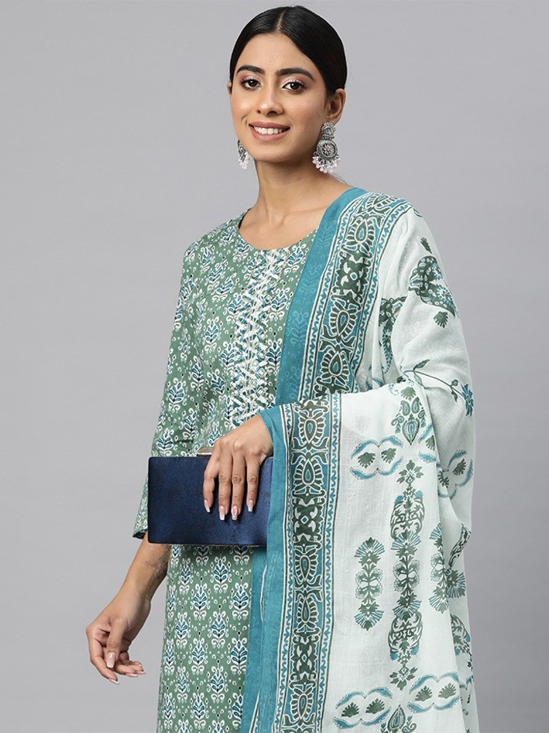 

Readiprint Women Printed Thread Work Kurta with Trousers & With Dupatta, Green