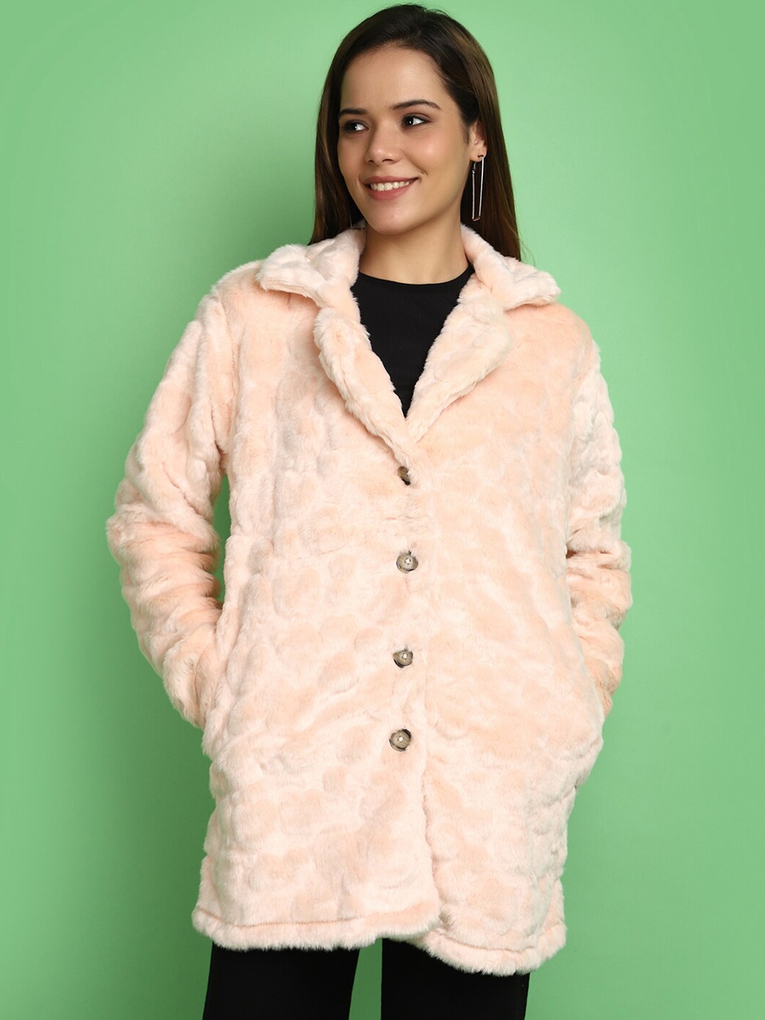 

V-Mart Lightweight Lapel Collar Cotton Tailored Jacket With Faux Fur Trim, Peach