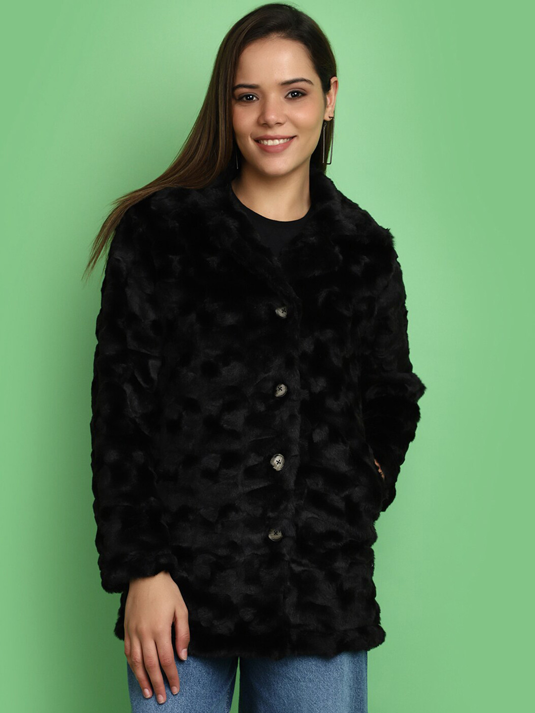 

V-Mart Lightweight Lapel Collar Cotton Tailored Jacket With Faux Fur Trim, Black