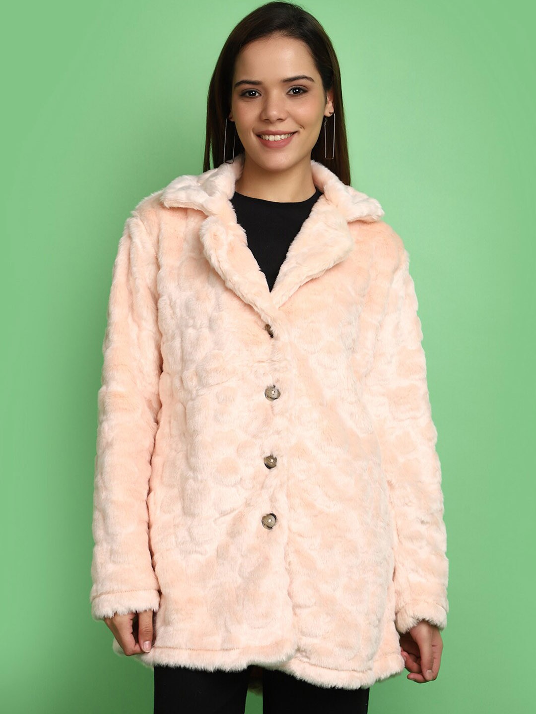 

V-Mart Lightweight Lapel Collar Cotton Tailored Jacket With Faux Fur Trim, Peach