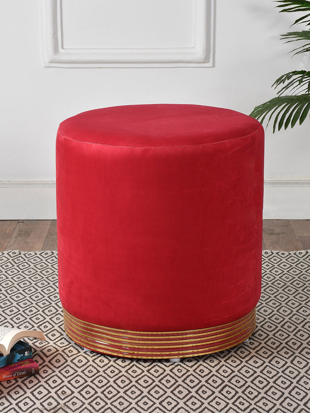 

RIANCE CREATIONS Red & Brown Knitted Cylindrical Wood Ottomans